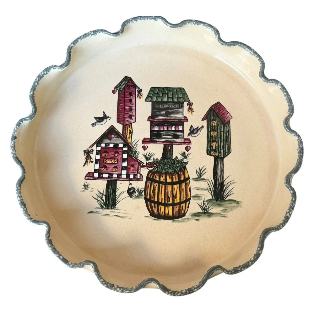 Vintage 2001 Home & Garden Party Birdhouse Stoneware Pie Dish Scalloped Rim USA